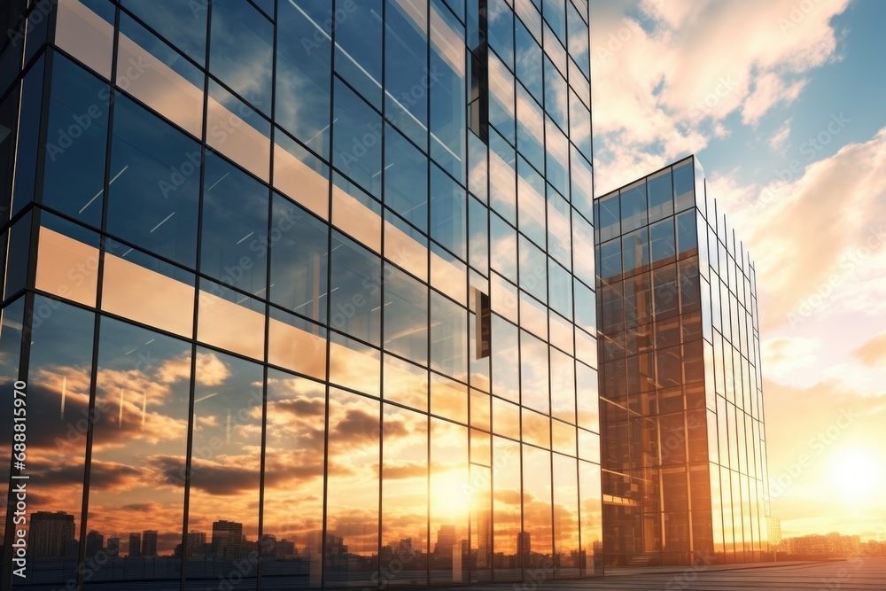Poster a stunning sunset as seen through the windows of a modern glass building. perfect for showcasing arc