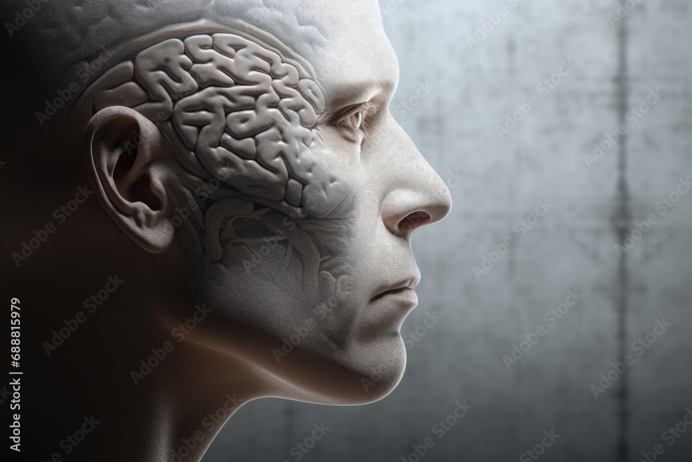 Poster close-up view of a person's head with a brain. suitable for medical or scientific concepts
