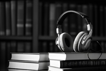 Headphones sitting on top of a stack of books. Suitable for educational, music, and technology-related projects