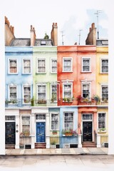 Watercolor the Notting Hill neighborhood in London, white background. AI generate