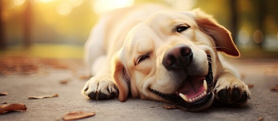 Smiling dog teeth while lying on its back.