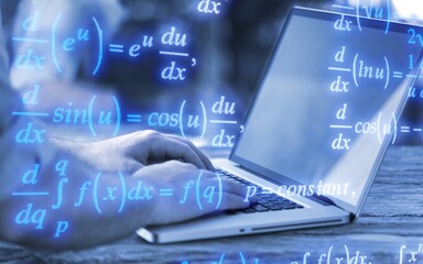 male hands on laptop keyboard with mathematical formulas