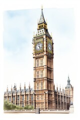 Fototapeta na wymiar Watercolor of Big Ben in London, white background. AI generate illustration