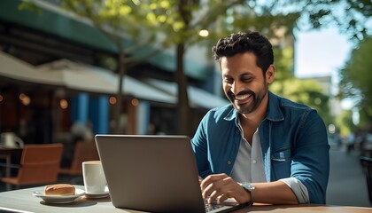 Middle-aged Indian man working remotely from the outside of a cafe/restaurant

