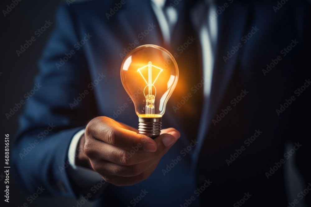 Poster a professional man in a suit holding a light bulb. suitable for business concepts and innovation the