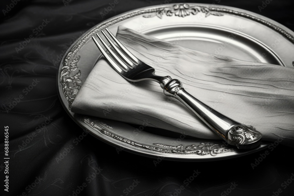 Aufkleber a silver plate with a fork and a napkin. perfect for table setting or restaurant concepts
