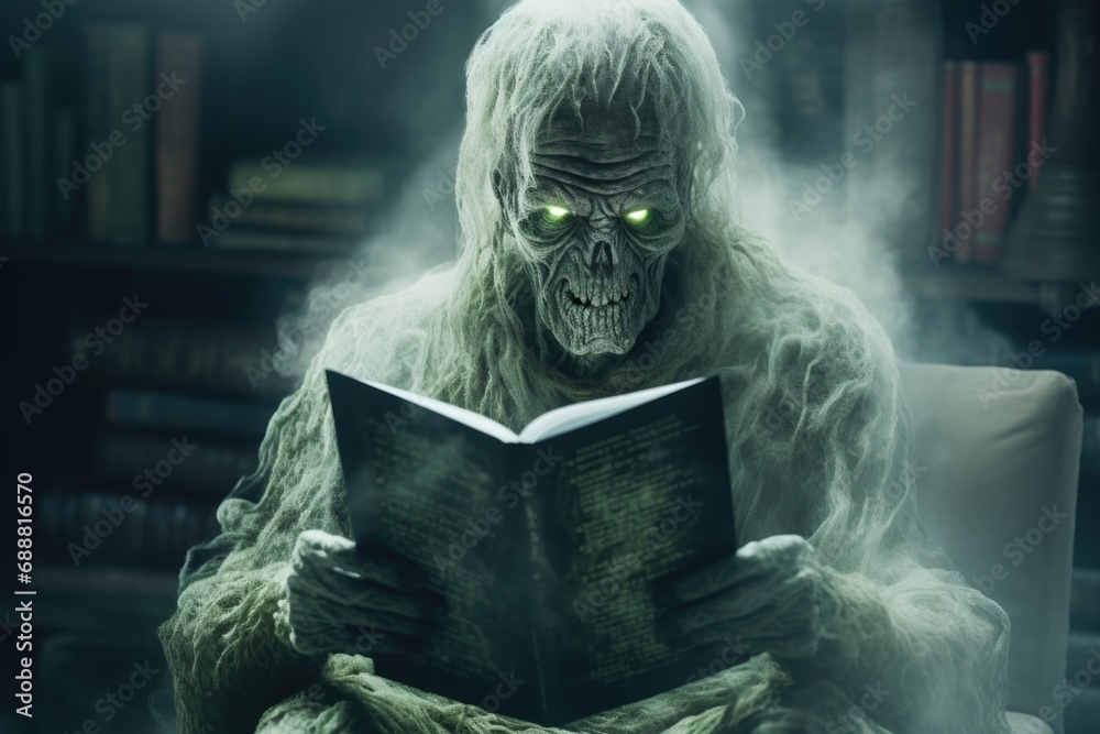 Poster A creepy looking man engrossed in reading a book in a dimly lit room. Perfect for mysterious and eerie themes
