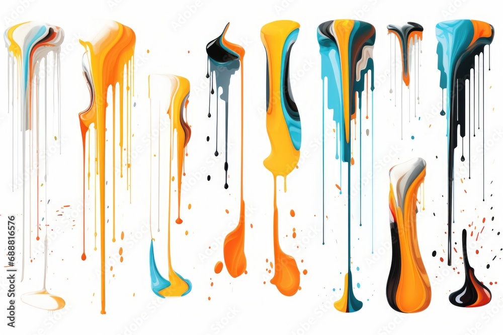 Poster colorful paint drips on a white surface. can be used as a background or for artistic projects