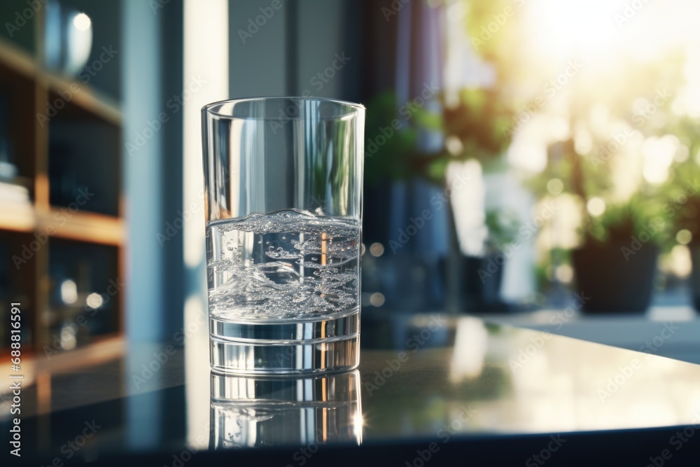 Poster A simple and refreshing image of a glass of water sitting on a table. Perfect for illustrating hydration, refreshment, or a healthy lifestyle.