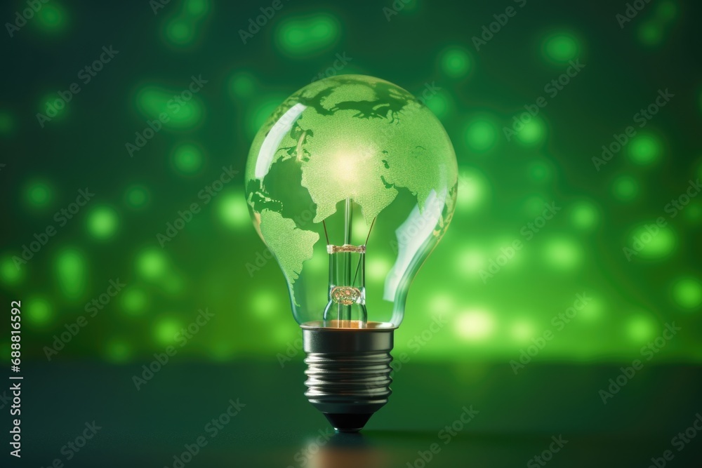Poster a light bulb with a green globe inside. can be used to represent eco-friendly lighting or energy eff