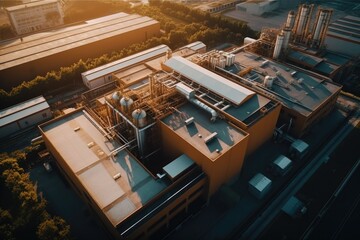 Aerial view of a factory with multiple tanks. Suitable for industrial and manufacturing concepts - obrazy, fototapety, plakaty