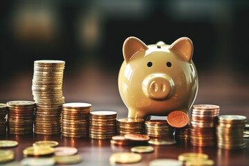 A piggy bank sitting on top of a pile of coins. Can be used to represent savings, financial planning, or budgeting
