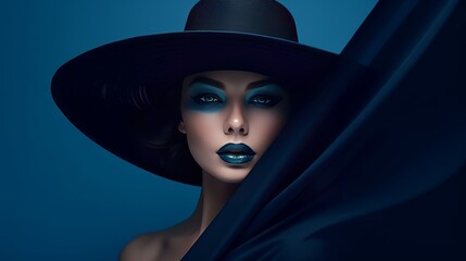  Fashion dark blue minimalist background with model girl