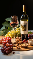 Naklejka premium A product photo of a wine bottle sitting on a tray, wine glass, grapes next to bottle. AI generative