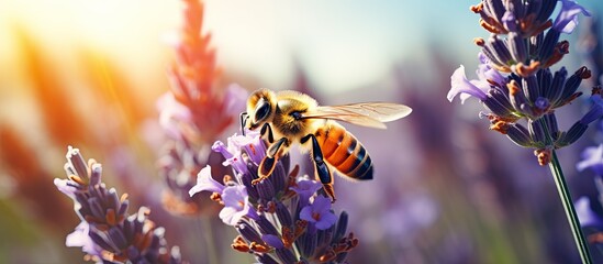 European honey bee with orange ladybug collecting nectar from lavender flower in Czech garden.