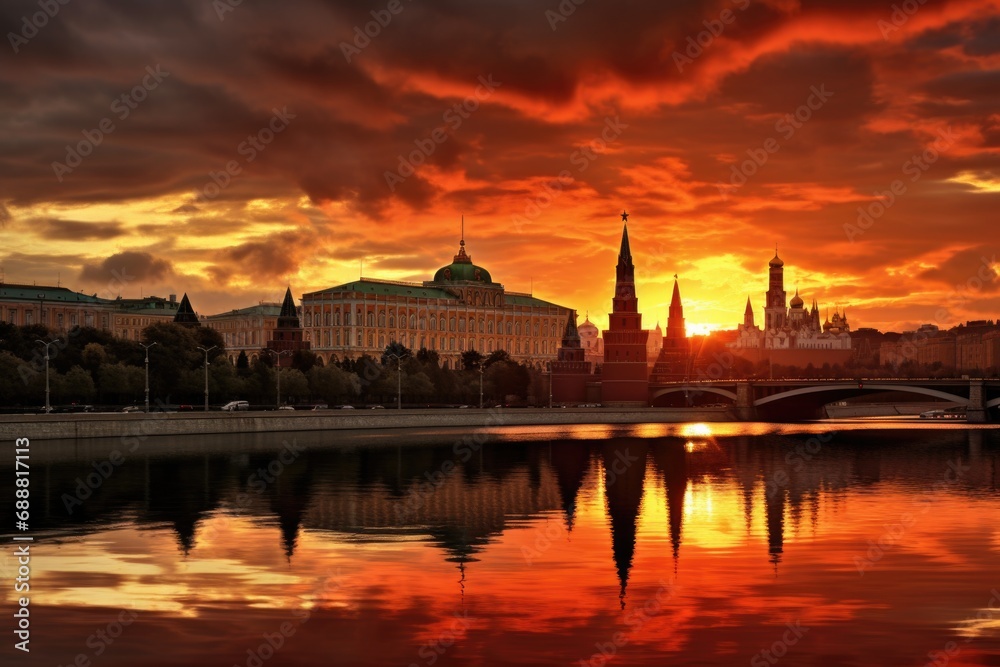 Poster a beautiful sunset over a river with a bridge in the foreground. ideal for nature and landscape them