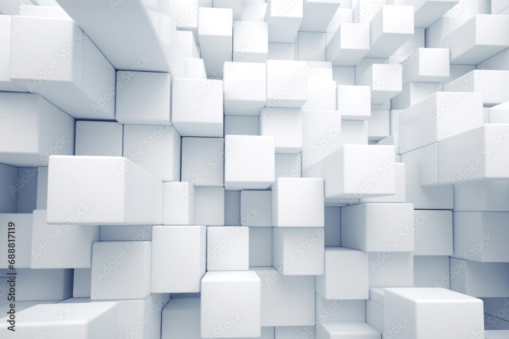 Poster a collection of white cubes arranged in a room. suitable for interior design concepts or showcasing 