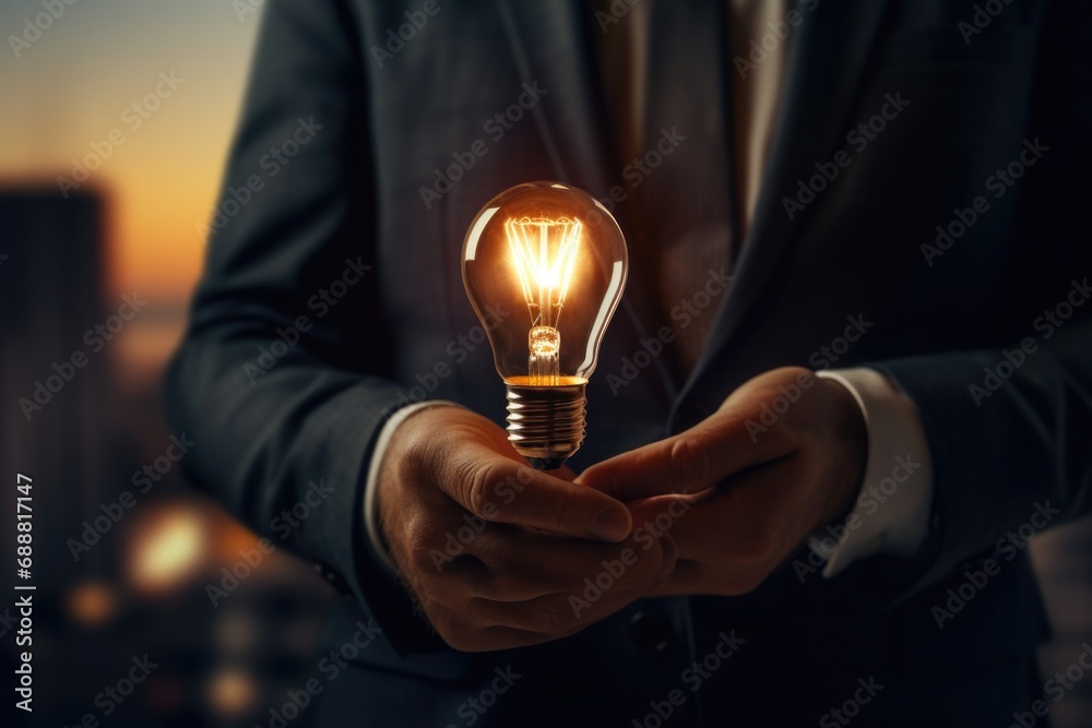 Poster a man in a suit holding a light bulb. suitable for business concepts and innovation themes