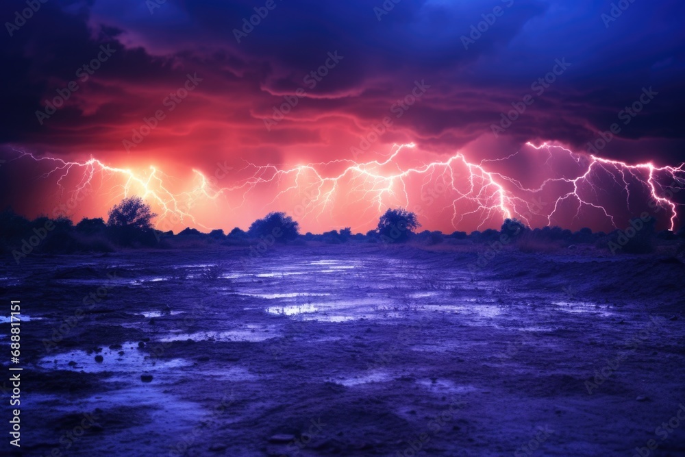 Poster A striking image of a field illuminated by lightning in the sky. Perfect for illustrating the power of nature or adding drama to any project