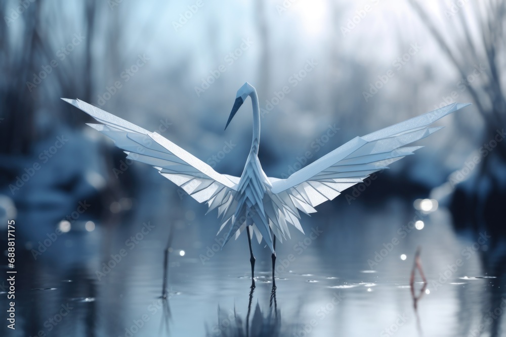 Poster A crane standing in the water with its wings spread. Suitable for nature and wildlife-themed projects