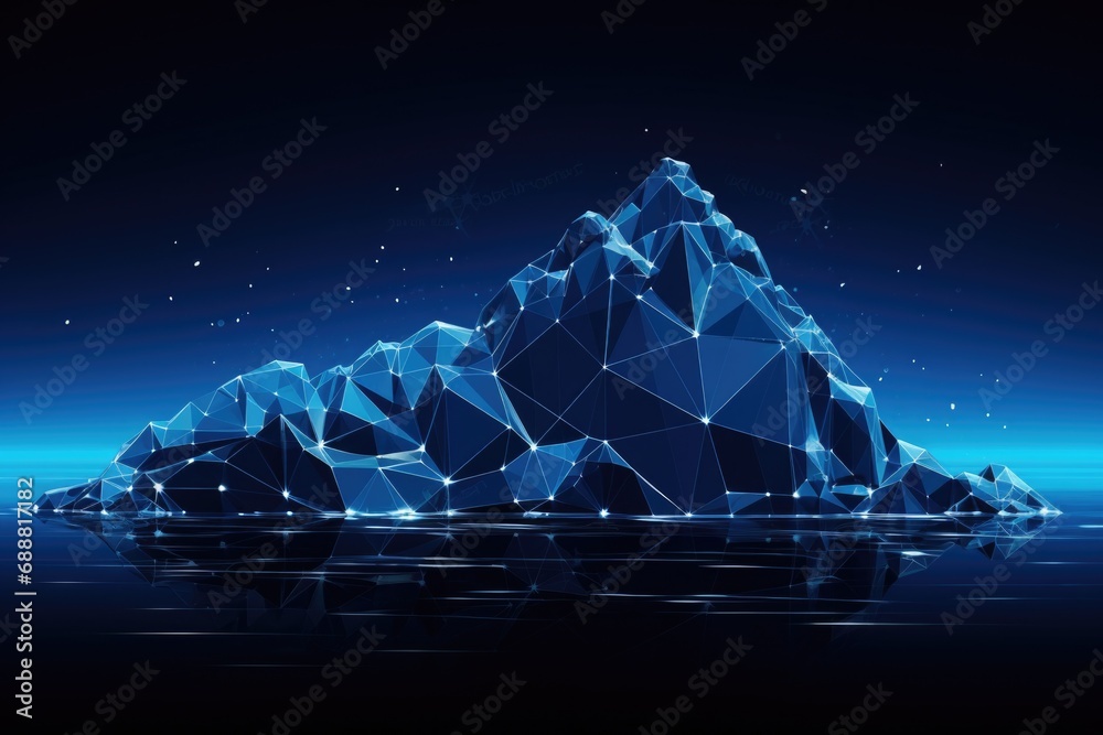 Poster an image of an iceberg with a majestic mountain in the background. this picture captures the beauty 