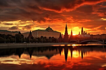 Fototapeta premium A beautiful sunset over a river with a bridge in the foreground. Ideal for nature and landscape themes