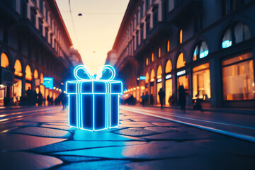 large neon blue glowing gift on the background of a city street. advertising installation.