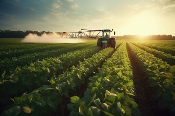A picture of a tractor in action, spraying pesticide on a field. This image can be used to depict...