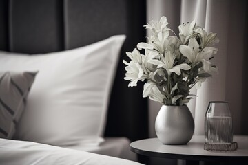 A vase of flowers sitting on a table next to a bed. Perfect for home decor or hospitality industry marketing