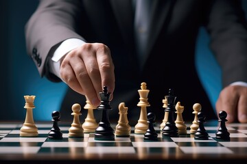 A man in a suit engaged in a game of chess. Suitable for business, strategy, and intellectual concepts