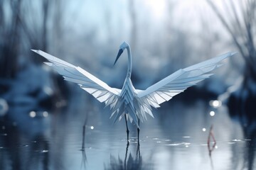 A crane standing in the water with its wings spread. Suitable for nature and wildlife-themed projects - obrazy, fototapety, plakaty