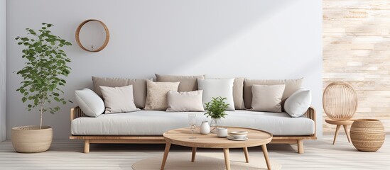 Scandinavian corner sofa with pillows next to a round wooden coffee table.