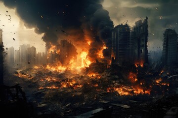 A large fire burning in the middle of a city. Can be used to depict urban disasters or emergency situations