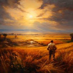 Fototapeta premium In this evocative image, the culmination of relentless dedication unfolds. A vast, golden field stretches into the horizon, portraying the journey of hard work and unwavering commitment. Warm hues