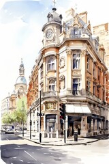 Fototapeta na wymiar Watercolor of the West End theatre district in London, white background. AI generate