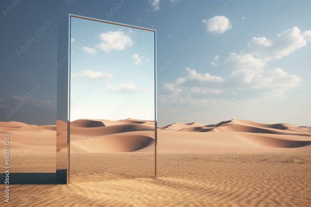 Poster A mirror is positioned in the middle of a barren desert landscape. This image can be used to depict solitude and reflection