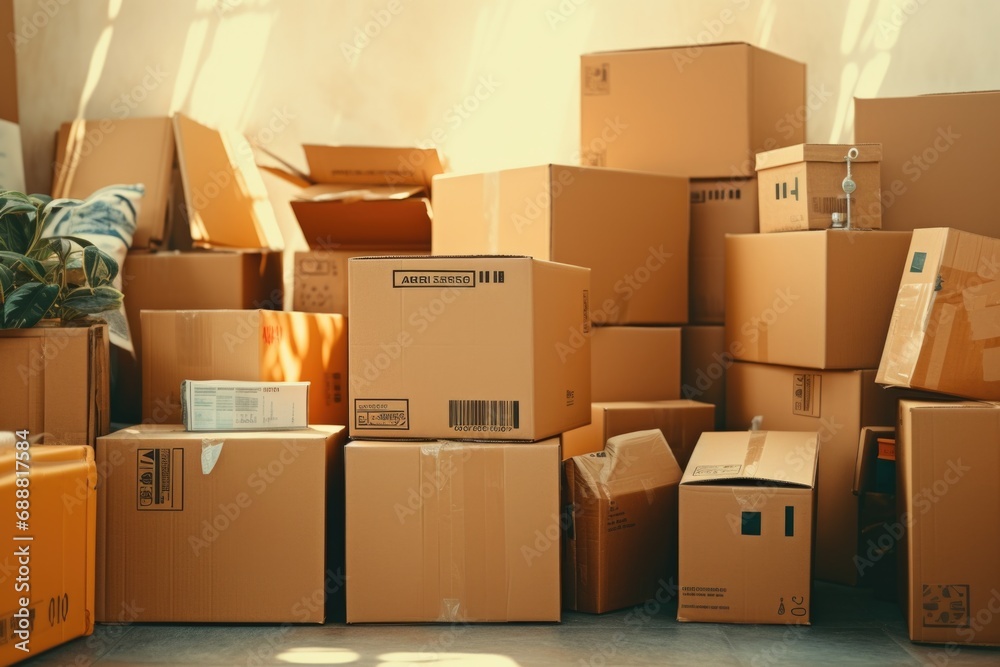 Poster a room filled with numerous cardboard boxes. perfect for illustrating storage, moving, or organizing