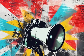 Fototapeta premium Megaphone on a grunge background with paint splatters. Perfect for marketing and advertising campaigns