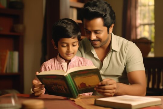 A man sitting and reading a book to a young boy. Suitable for educational or family-themed projects