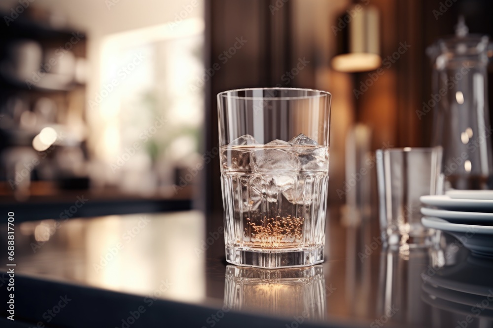 Poster a glass of water sitting on top of a counter. suitable for various concepts and themes