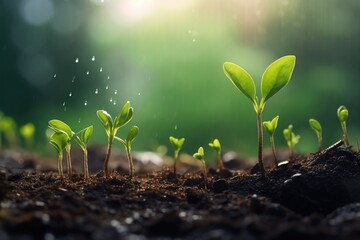 A close-up view of a plant sprouting from the ground. This image can be used to depict growth, nature, and new beginnings - obrazy, fototapety, plakaty