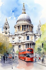 Fototapeta na wymiar Watercolor of St. Paul's Cathedral in London, white background. AI generate illustration