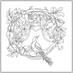 Fantasy flowers and bird, decorative flowers and leaves in art nouveau style, vintage, old, retro style. Coloring page for the adult coloring book. Vector illustration.