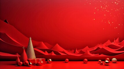 Christmas background with baubles of red paper and Christmas tree. Christmas holiday cards
