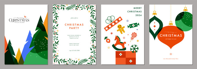 Winter holidays greeting cards with Christmas Trees, floral decorative frame, gift box, Christmas ornaments and typographic design. Modern artistic templates. - 688818149
