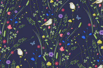 Floral Seamless Pattern. Wildflowers, decorative grasses and cute birds. Delicate dark background. Vector illustration. Template for fabrics, textiles, wrapping paper, wallpaper. Vintage - 688818581