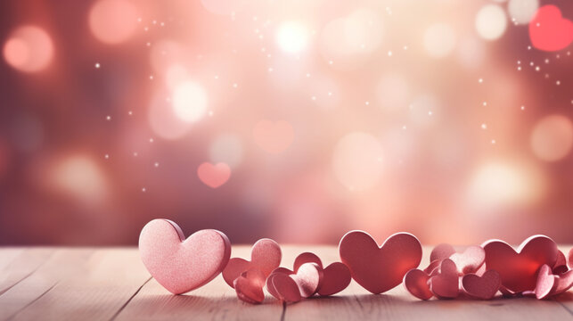 Tło dla grafiki walentynkowej z sercami bokehem i rozmyciami.