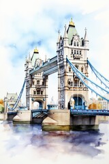 Watercolor of Tower Bridge in London, white background. AI generate illustration