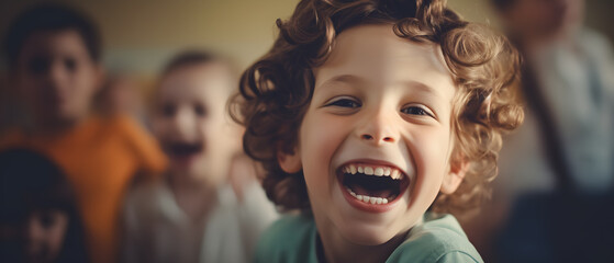 Fototapeta premium boy smiling and looking at camera happy on his first day of school