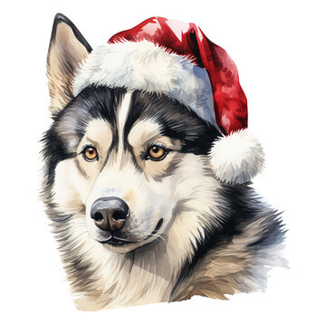 Siberian Husky Dog Wearing a Santa Hat. AI generated image
